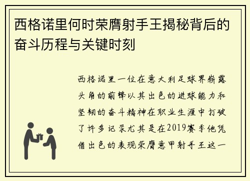 西格诺里何时荣膺射手王揭秘背后的奋斗历程与关键时刻
